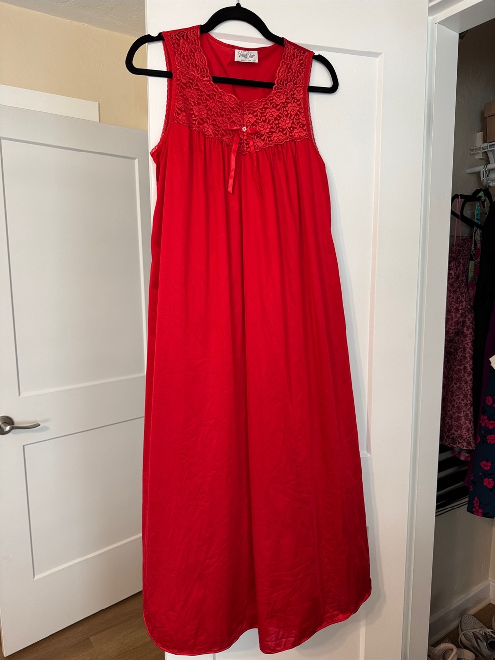 Vintage Vanity Fair Vibrant Red Lace-Trim Nightgown with Bow Accent Made in USA